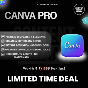 Canva Pro subscription poster showing premium templates, instant activation, unlimited downloads, and limited-time discounted price.