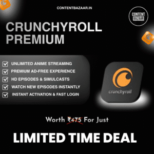 Crunchyroll Premium offer poster showing ad-free anime streaming, fast login, and a limited-time discounted deal.