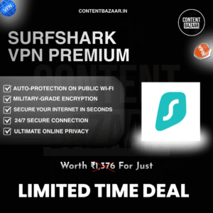 Surfshark VPN Premium poster showing online privacy features, encryption, Wi-Fi protection, and limited-time deal.