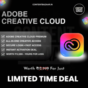 Adobe Creative Cloud premium offer poster showing limited-time deal, secure login, features, and discounted price.