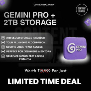 Gemini Pro with 2TB storage offer poster showing creative access features, instant activation, and limited-time discounted deal.