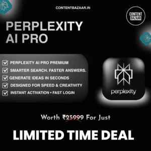 Perplexity AI Pro premium offer poster showing 2TB cloud storage, instant activation, creative AI features, and limited-time discounted pricing.