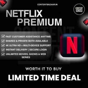 Netflix Premium subscription offer poster with 4K Ultra HD, multi-device support, shared and private plans, instant delivery and unlimited movies and web series.