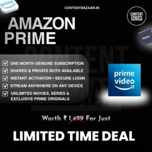 Amazon Prime subscription poster with Prime Video, instant activation, shared and private plans, unlimited movies and exclusive Prime Originals.