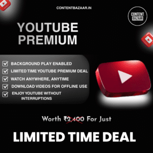 YouTube Premium offer poster showing ad-free streaming, background play, offline downloads, and a limited-time discounted deal.